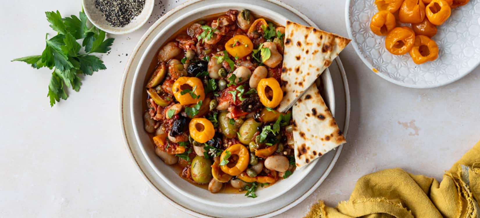 Bean Puttanesca With Yellow Piquanté Peppers