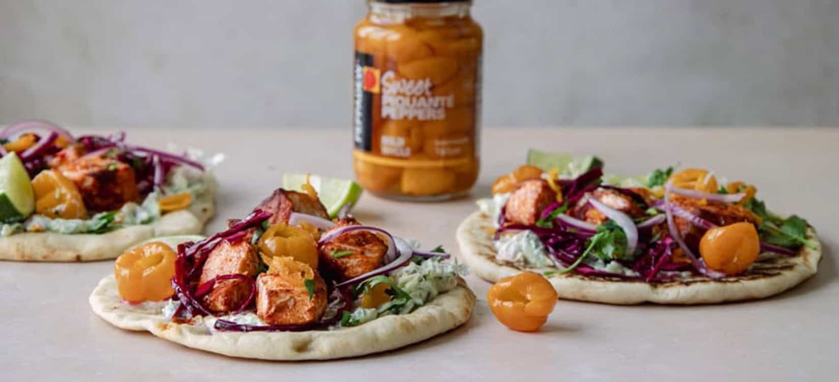 Spiced Salmon Flatbreads with Yellow Piquanté Pepper Tzatziki