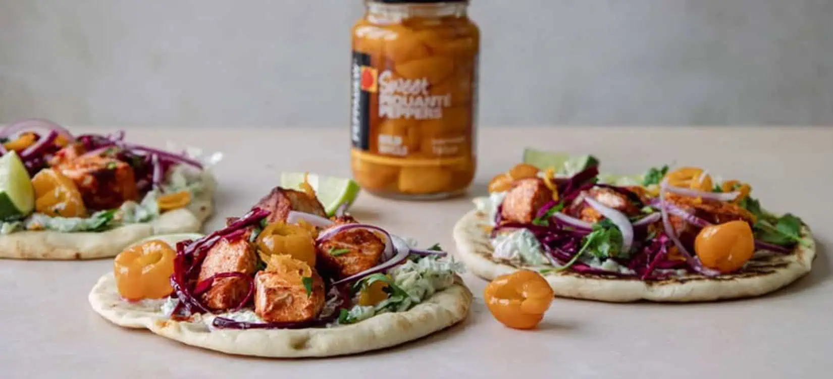 Spiced Salmon Flatbreads with Yellow Piquanté Pepper Tzatziki