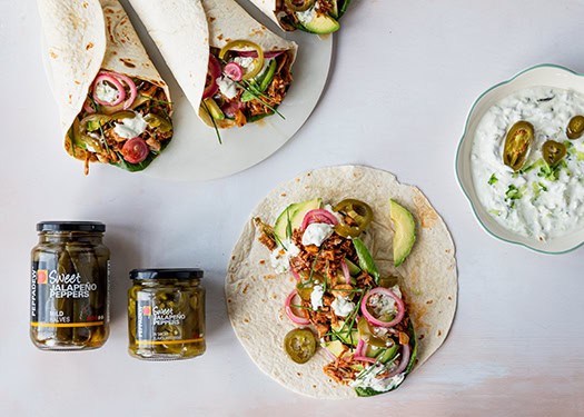 BBQ Jackfruit Pulled Pork Tortilla Wraps With Sweet Jalapeño Peppers With Vegan Tzatziki