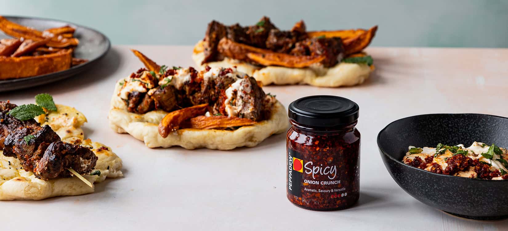 PEPPADEW® Onion Crunch Lamb Kebabs and Mint Onion Crunch Yoghurt with Homemade Flatbreads