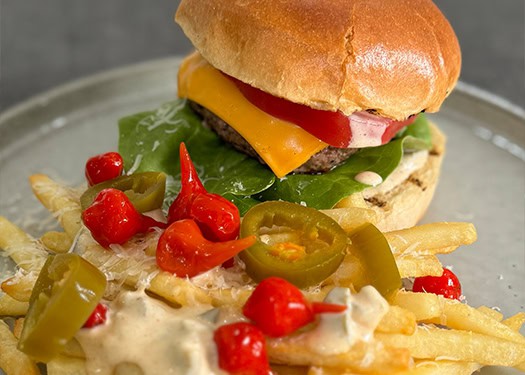 Smoked Jalapeño Burger with Smoked Jalapeño Dressing and Smoked Jalapeño Fries