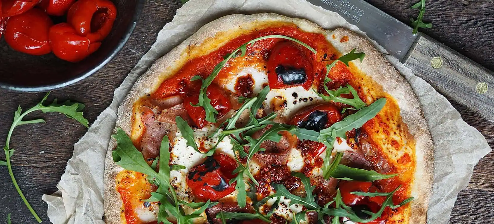 Sweet Piquanté Pepper Flatbread Pizza with Goats Cheese and Prosciutto