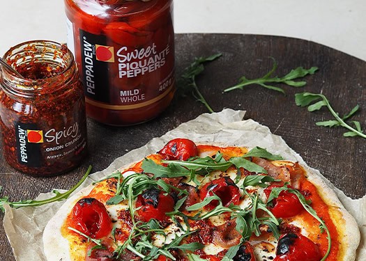 Sweet Piquanté Pepper Flatbread Pizza with Goats Cheese and Prosciutto